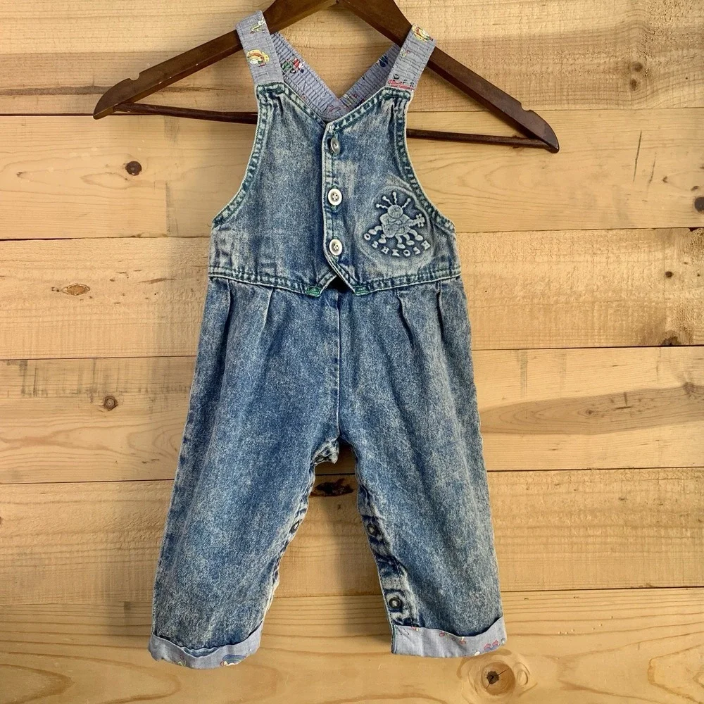 VTG RARE Oshkosh Vestbak Bubble Overalls 12mo Open Button Front Embossed 3D Logo